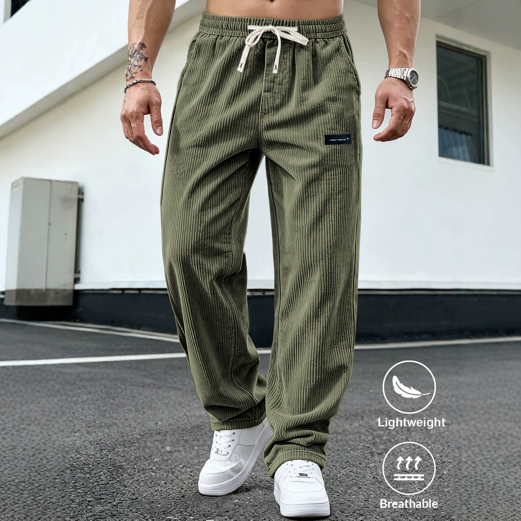 Men Corduroy Straight Leg Pants, Loose Fit Elastic Waist Casual Trousers for Spring and Autumn Outdoor Wear