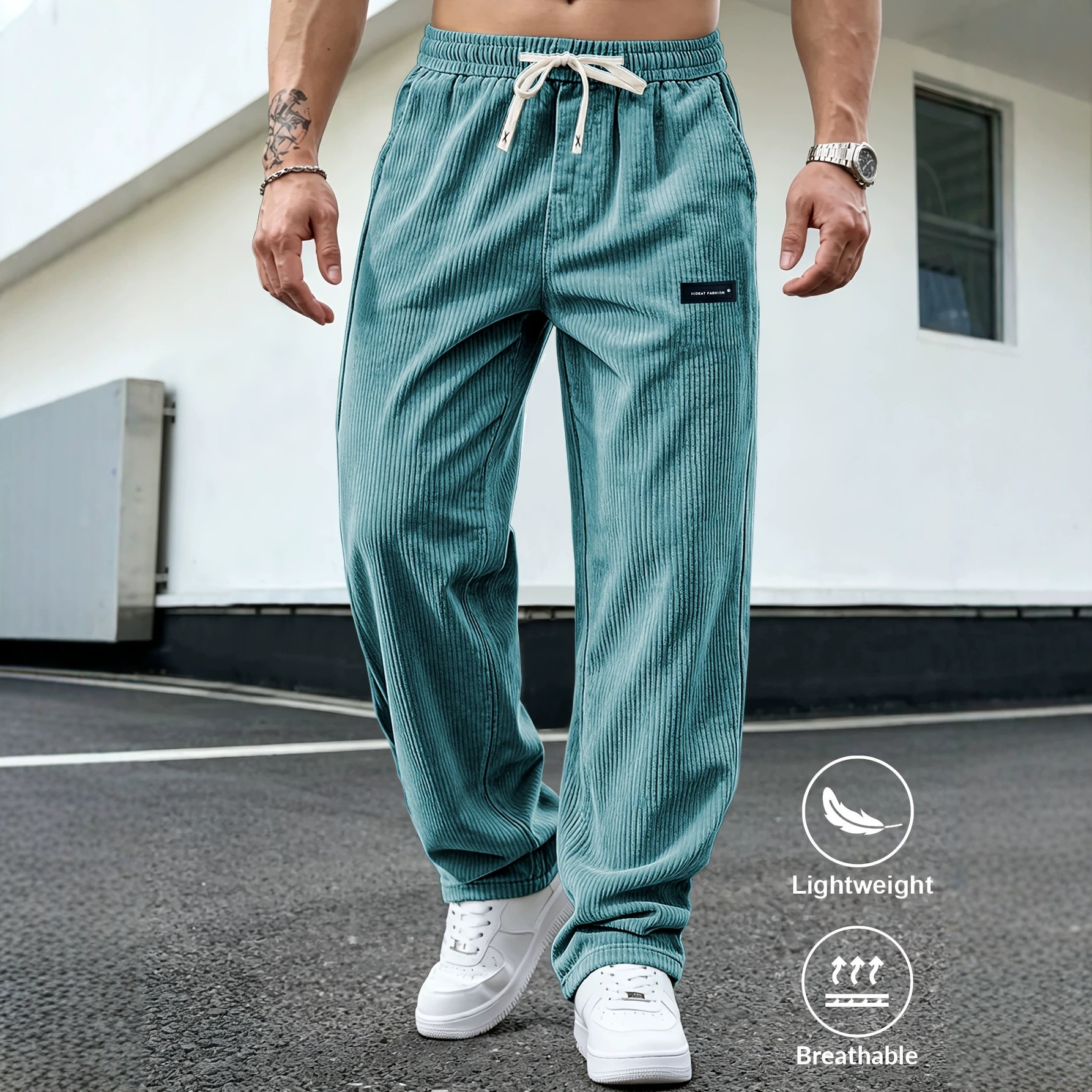 Men Corduroy Straight Leg Pants, Loose Fit Elastic Waist Casual Trousers for Spring and Autumn Outdoor Wear
