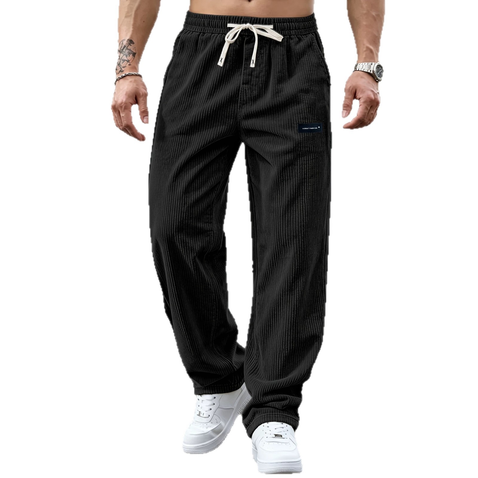 Men Corduroy Straight Leg Pants, Loose Fit Elastic Waist Casual Trousers for Spring and Autumn Outdoor Wear