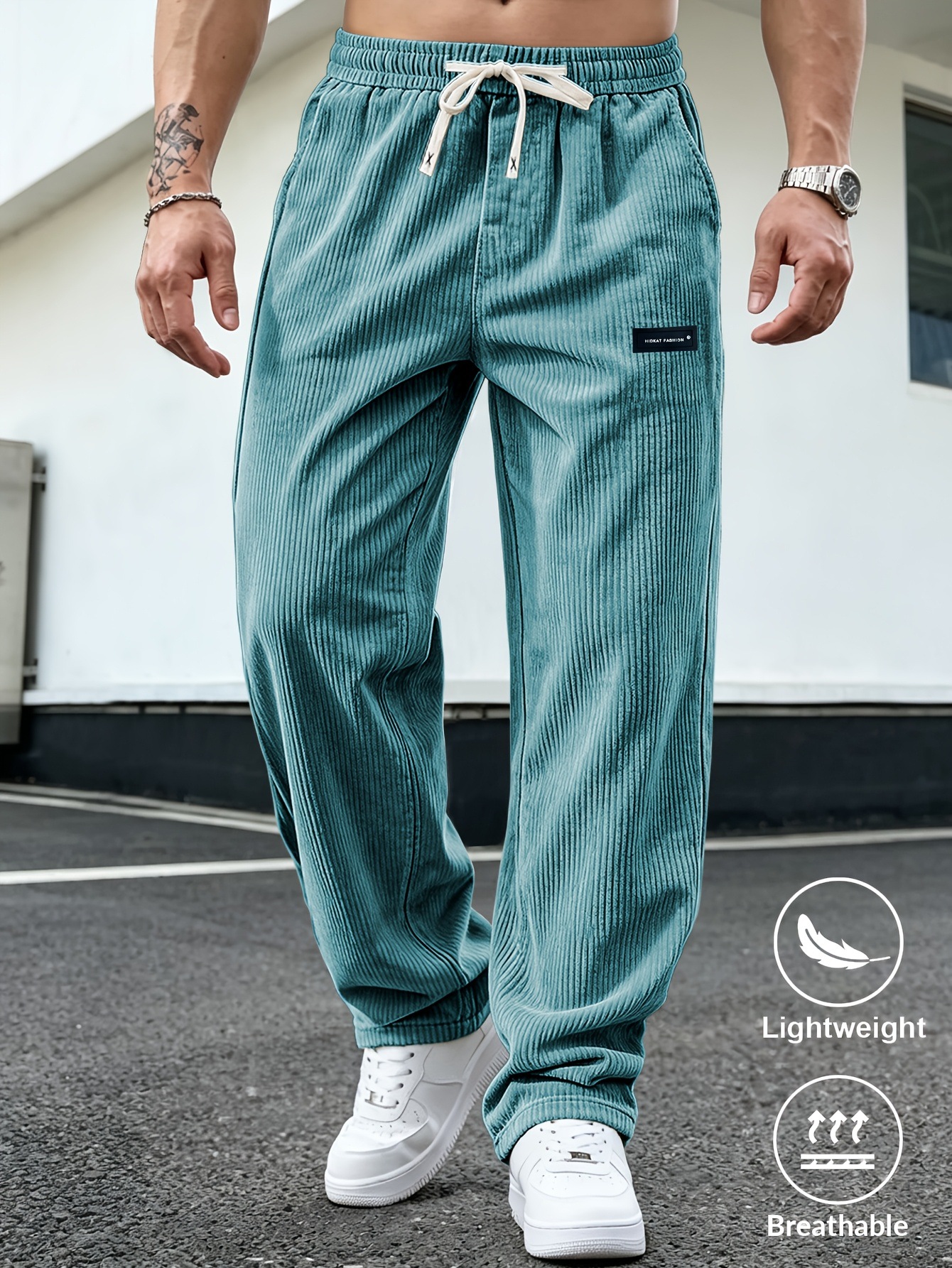 Men Corduroy Straight Leg Pants, Loose Fit Elastic Waist Casual Trousers for Spring and Autumn Outdoor Wear