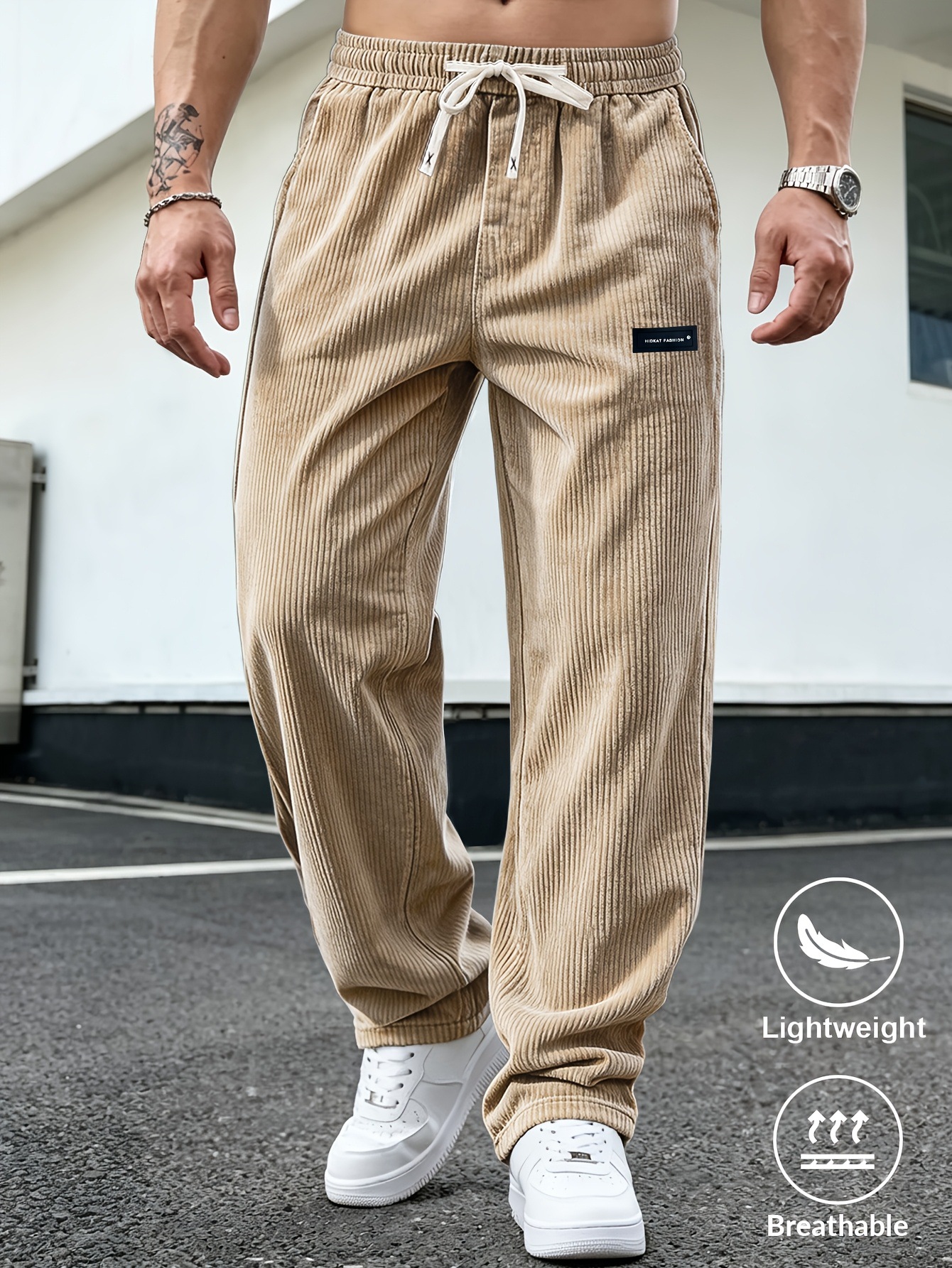 Men Corduroy Straight Leg Pants, Loose Fit Elastic Waist Casual Trousers for Spring and Autumn Outdoor Wear
