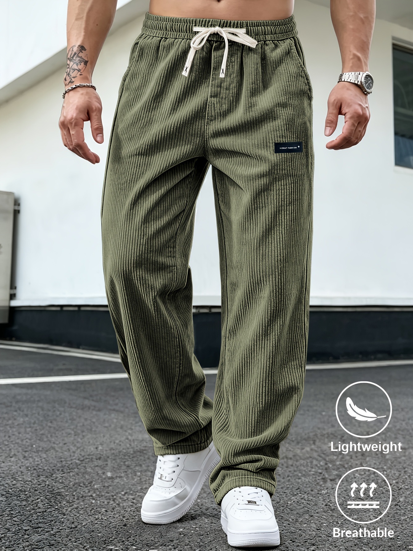 Men Corduroy Straight Leg Pants, Loose Fit Elastic Waist Casual Trousers for Spring and Autumn Outdoor Wear