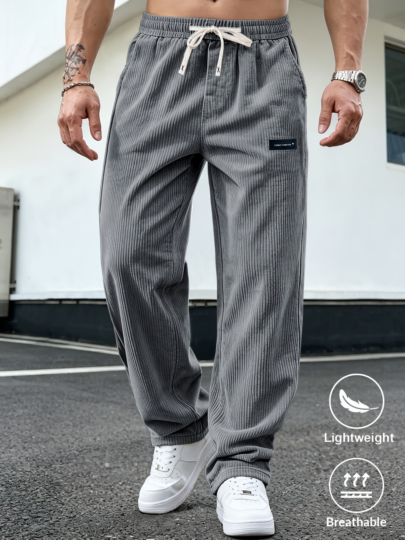 Men Corduroy Straight Leg Pants, Loose Fit Elastic Waist Casual Trousers for Spring and Autumn Outdoor Wear