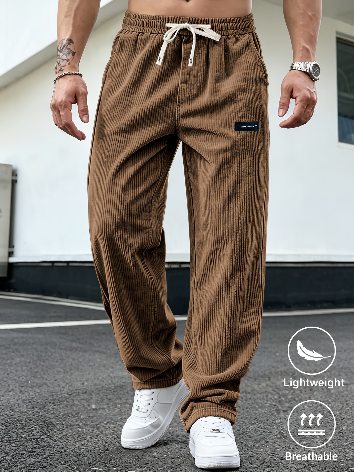 Men Corduroy Straight Leg Pants, Loose Fit Elastic Waist Casual Trousers for Spring and Autumn Outdoor Wear