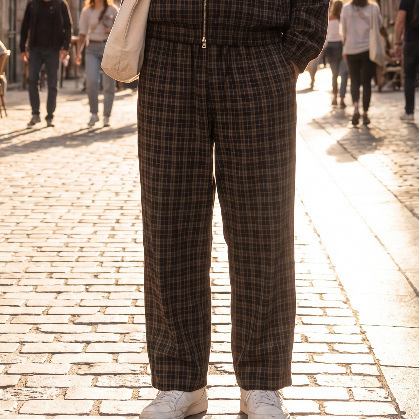 Men's Plaid Loose Casual Pants Cotton Blend Drawstring Straight Leg Long Trousers for Sports