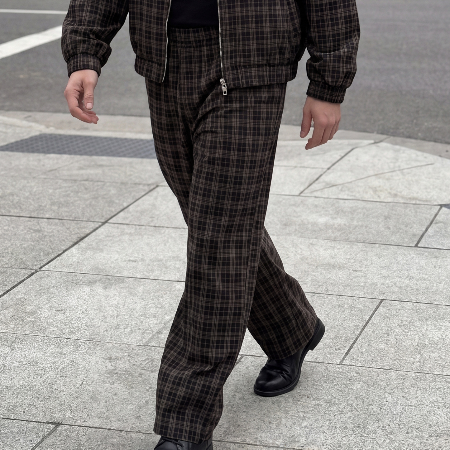 Men's Plaid Loose Casual Pants Cotton Blend Drawstring Straight Leg Long Trousers for Sports