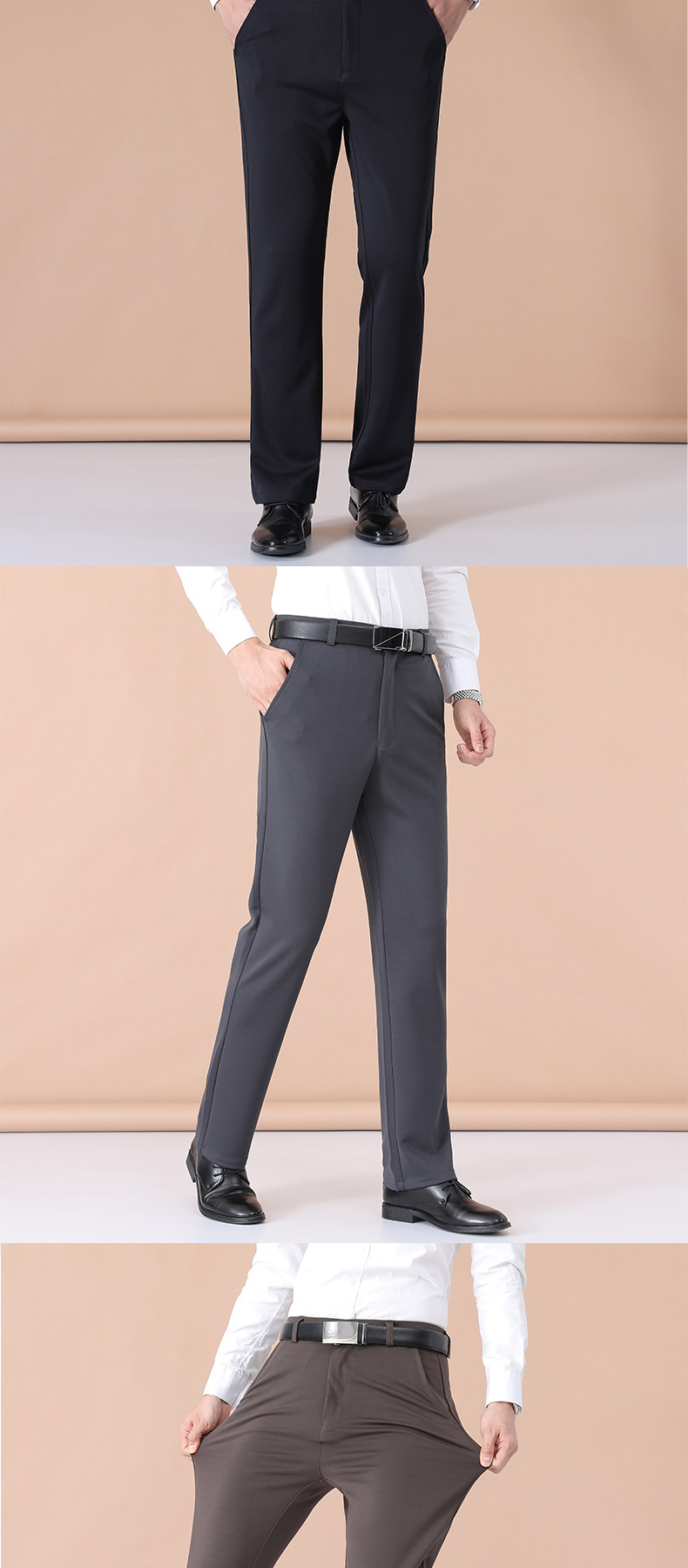 Men's Thin Casual Pants Straight Leg High Waist Polyester Trousers for Spring and Autumn