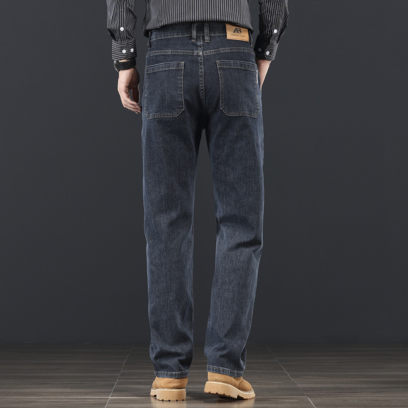 Men's Loose Straight-Leg Blue-Grey Jeans, High Waist Cotton Denim Trousers for Business Casual Winter