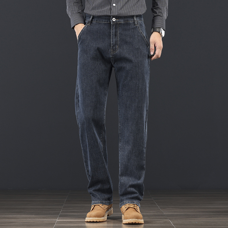 Men's Loose Straight-Leg Blue-Grey Jeans, High Waist Cotton Denim Trousers for Business Casual Winter