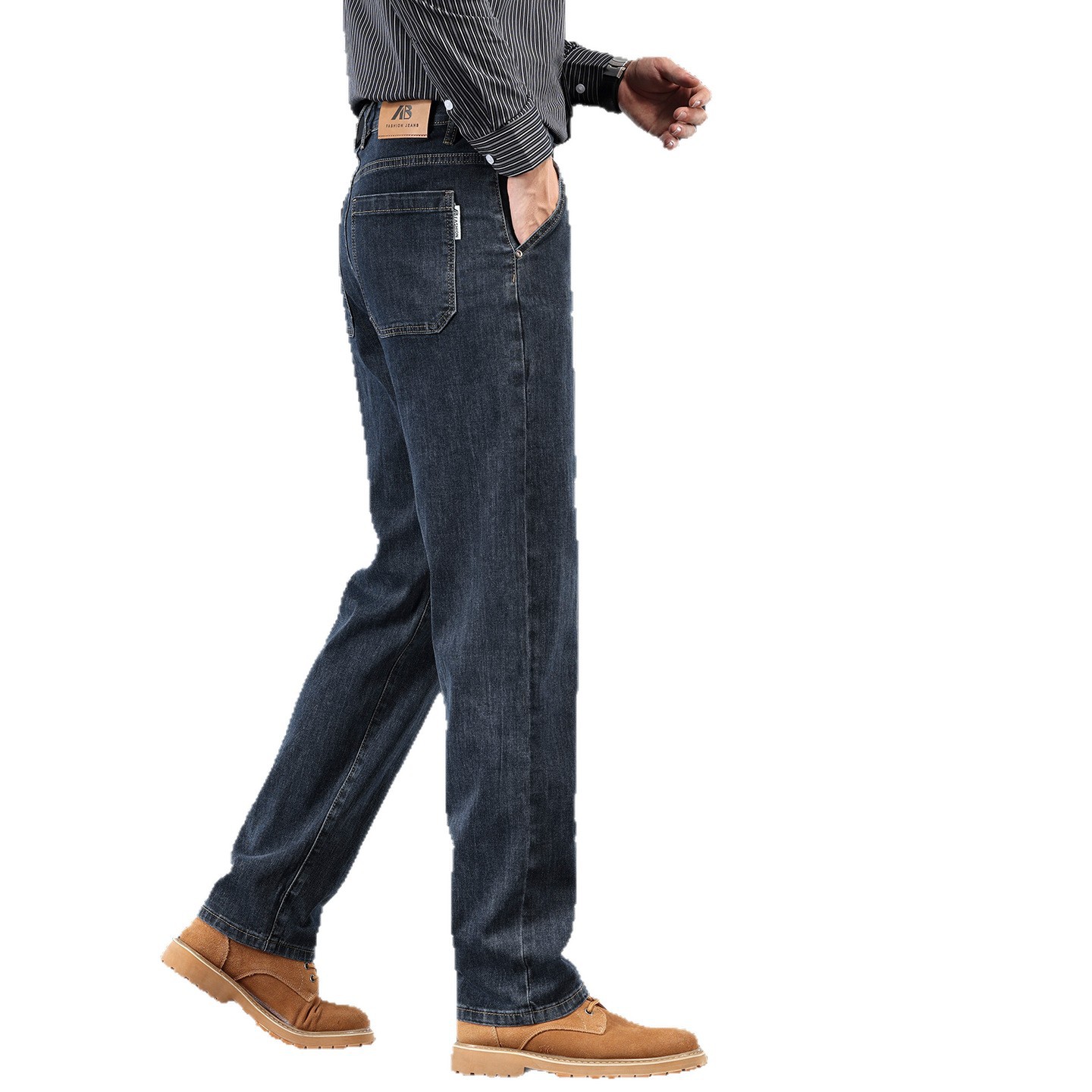 Men's Loose Straight-Leg Blue-Grey Jeans, High Waist Cotton Denim Trousers for Business Casual Winter