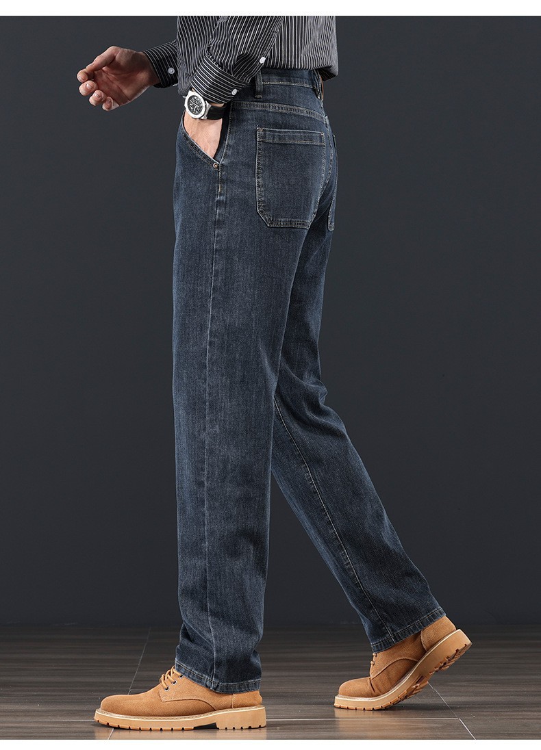 Men's Loose Straight-Leg Blue-Grey Jeans, High Waist Cotton Denim Trousers for Business Casual Winter