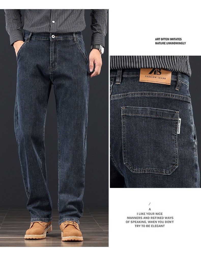 Men's Loose Straight-Leg Blue-Grey Jeans, High Waist Cotton Denim Trousers for Business Casual Winter