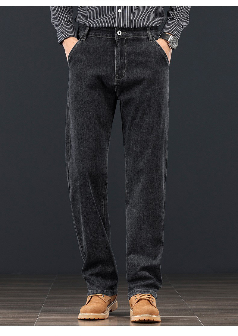Men's Loose Straight-Leg Blue-Grey Jeans, High Waist Cotton Denim Trousers for Business Casual Winter