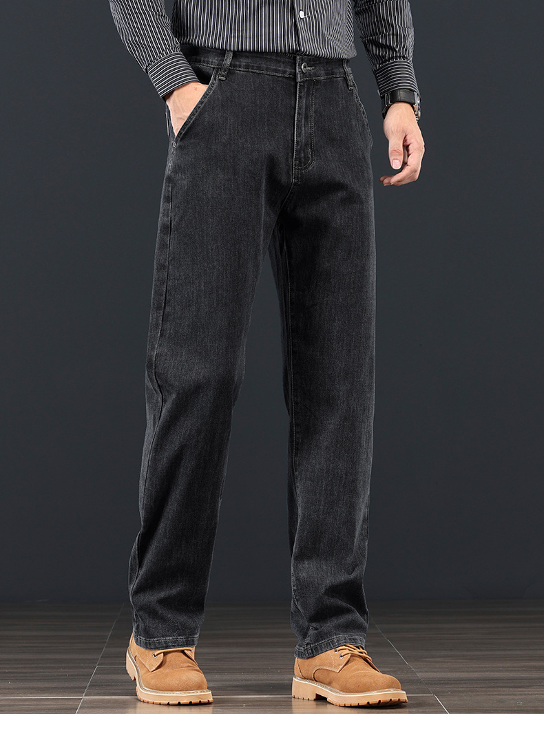 Men's Loose Straight-Leg Blue-Grey Jeans, High Waist Cotton Denim Trousers for Business Casual Winter