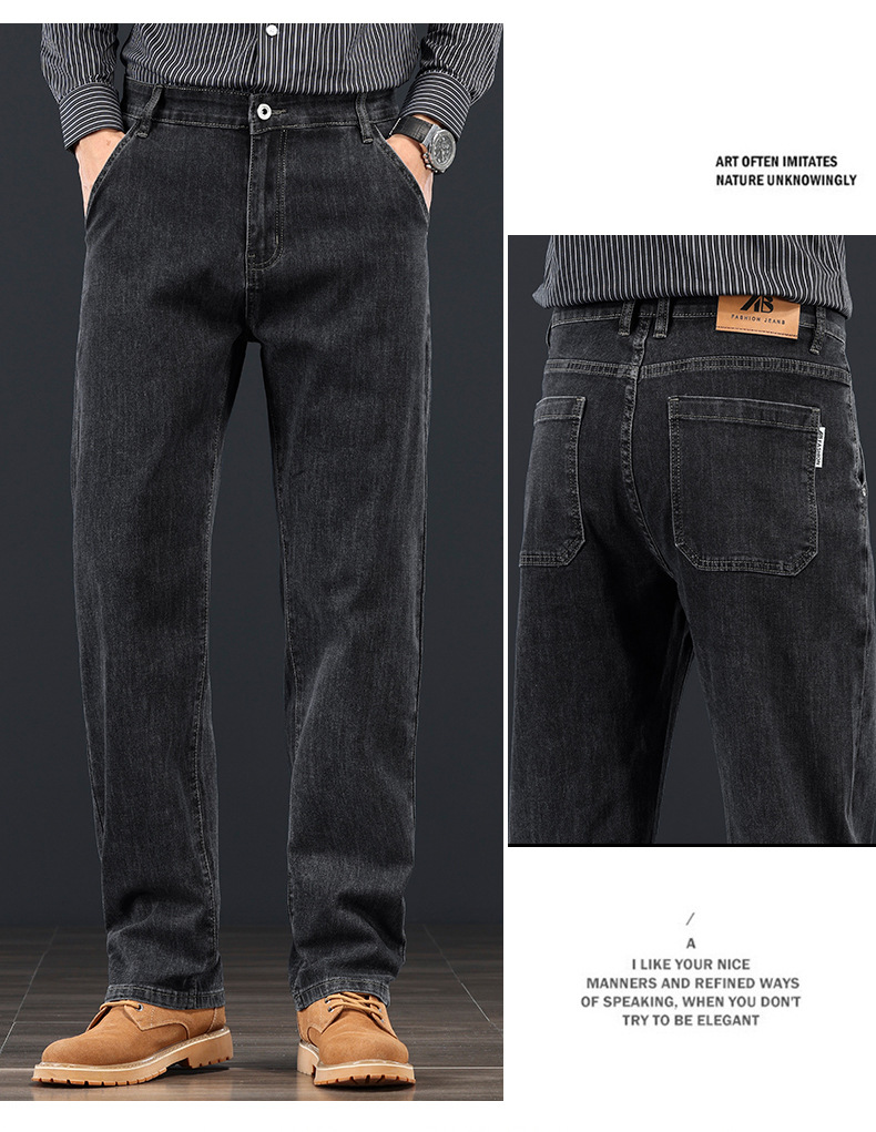 Men's Loose Straight-Leg Blue-Grey Jeans, High Waist Cotton Denim Trousers for Business Casual Winter