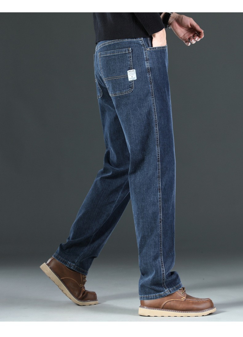 Men's Loose Straight-Leg Blue-Grey Jeans, High Waist Cotton Denim Trousers for Business Casual Winter