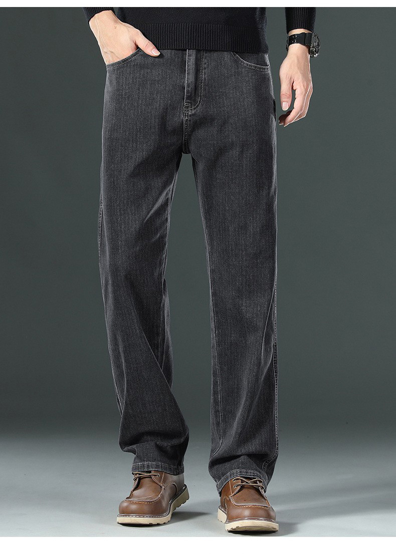 Men's Loose Straight-Leg Blue-Grey Jeans, High Waist Cotton Denim Trousers for Business Casual Winter