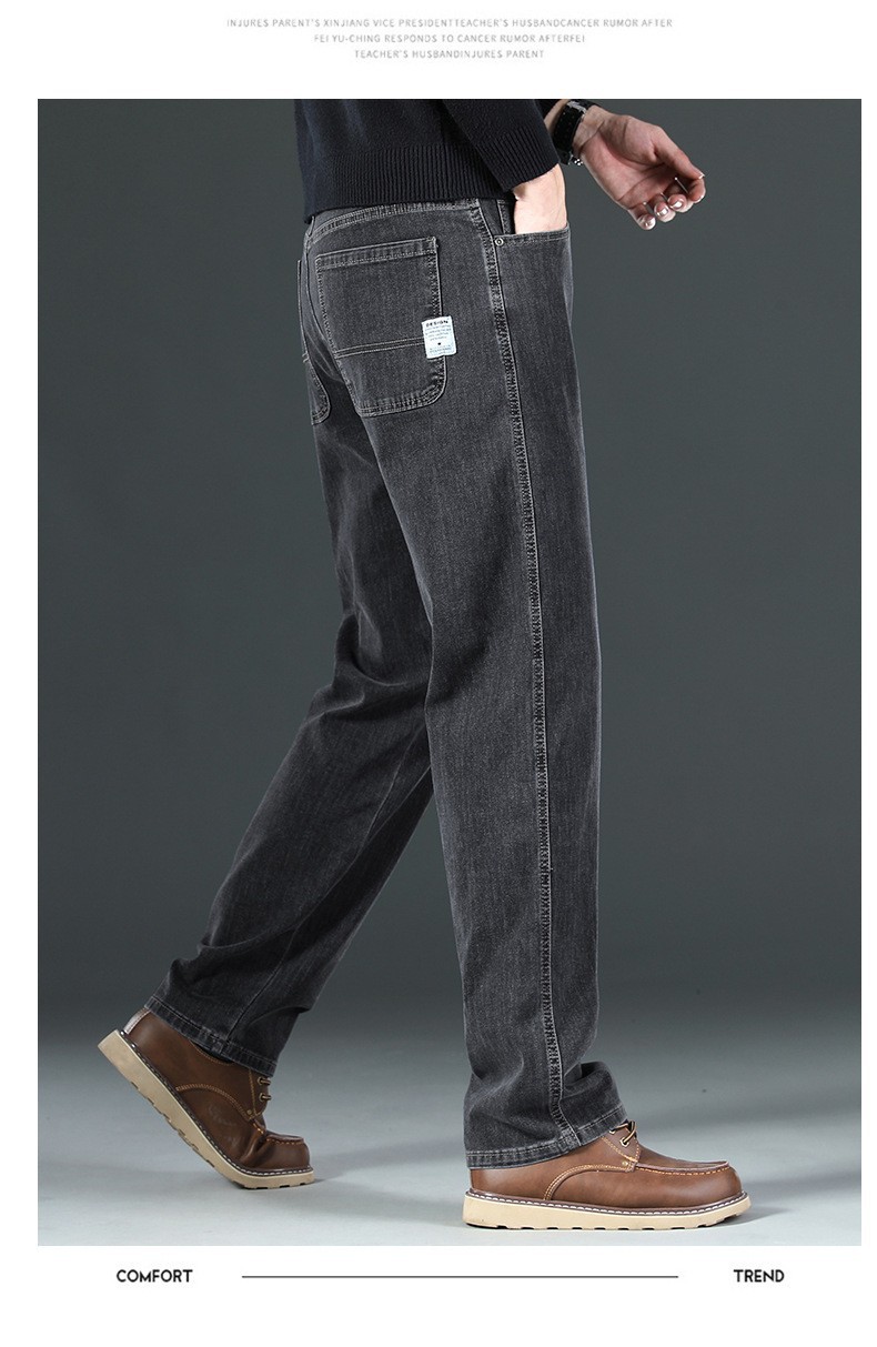 Men's Loose Straight-Leg Blue-Grey Jeans, High Waist Cotton Denim Trousers for Business Casual Winter