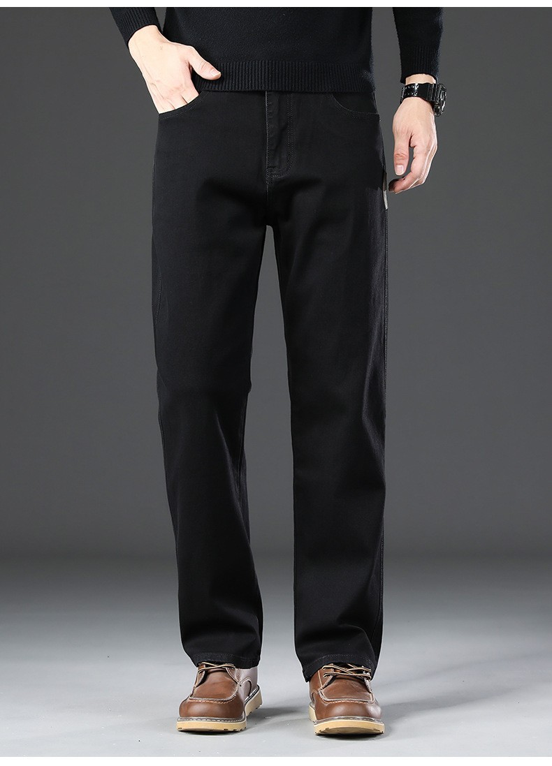 Men's Loose Straight-Leg Blue-Grey Jeans, High Waist Cotton Denim Trousers for Business Casual Winter