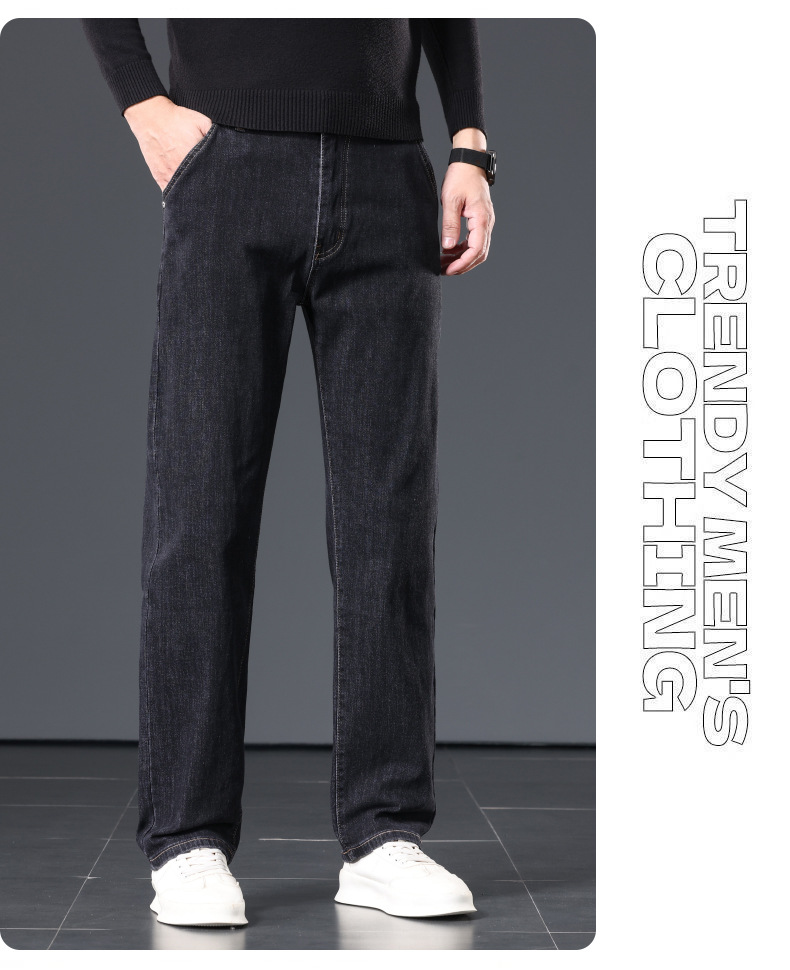 Men's Loose Straight-Leg Blue-Grey Jeans, High Waist Cotton Denim Trousers for Business Casual Winter