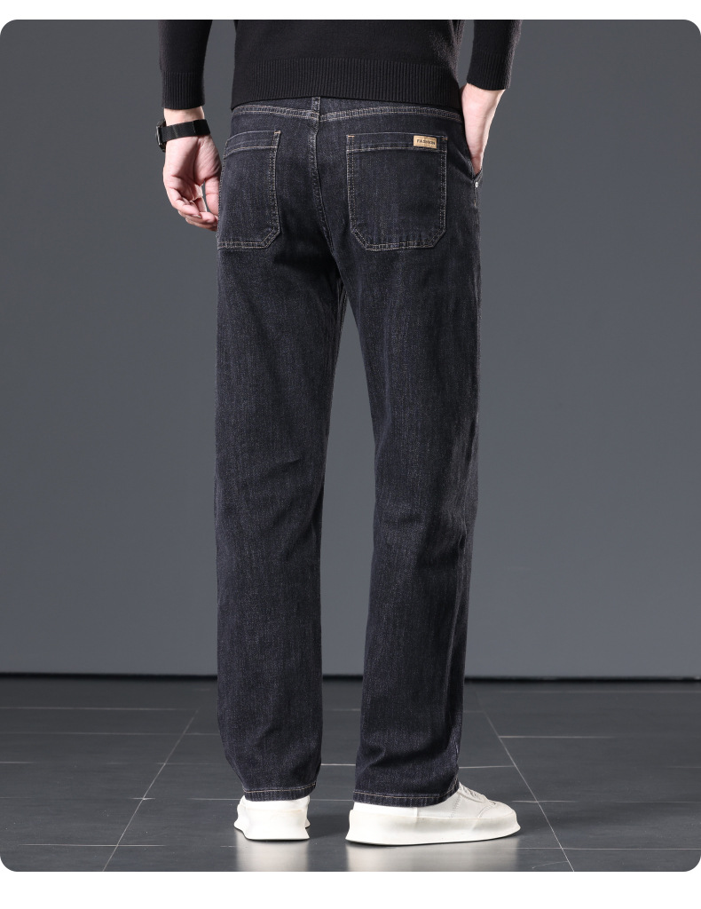 Men's Loose Straight-Leg Blue-Grey Jeans, High Waist Cotton Denim Trousers for Business Casual Winter
