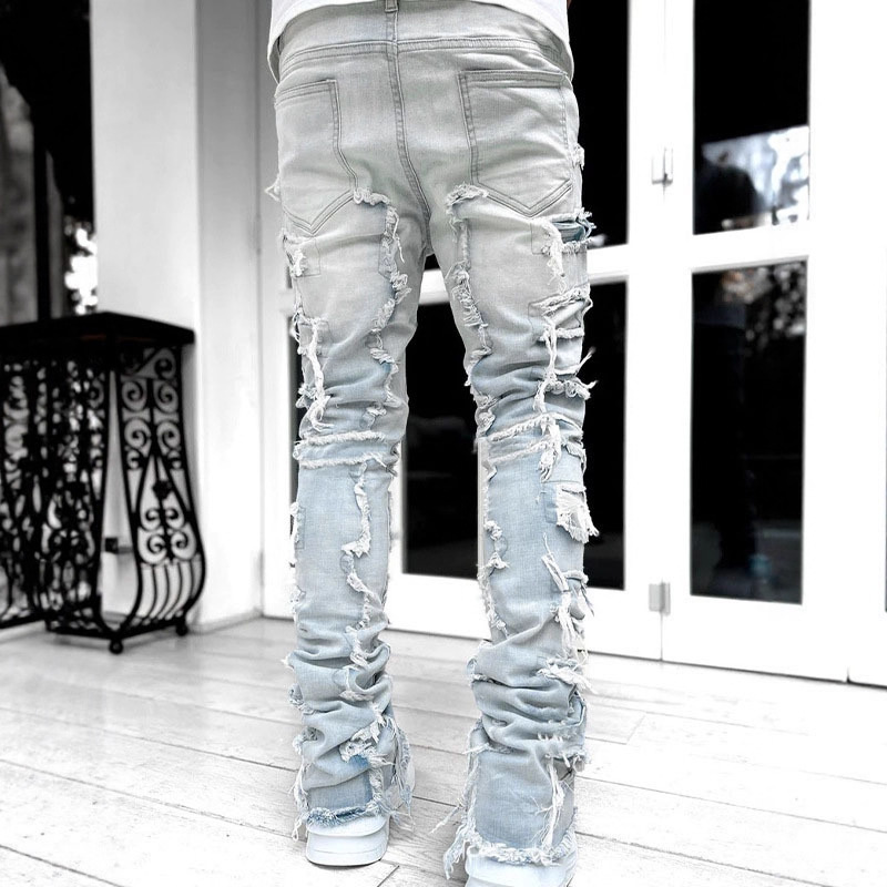 Men's Stretch Straight Leg Jeans, Cotton Denim Long Pants with Patchwork Print, Casual Summer Trousers