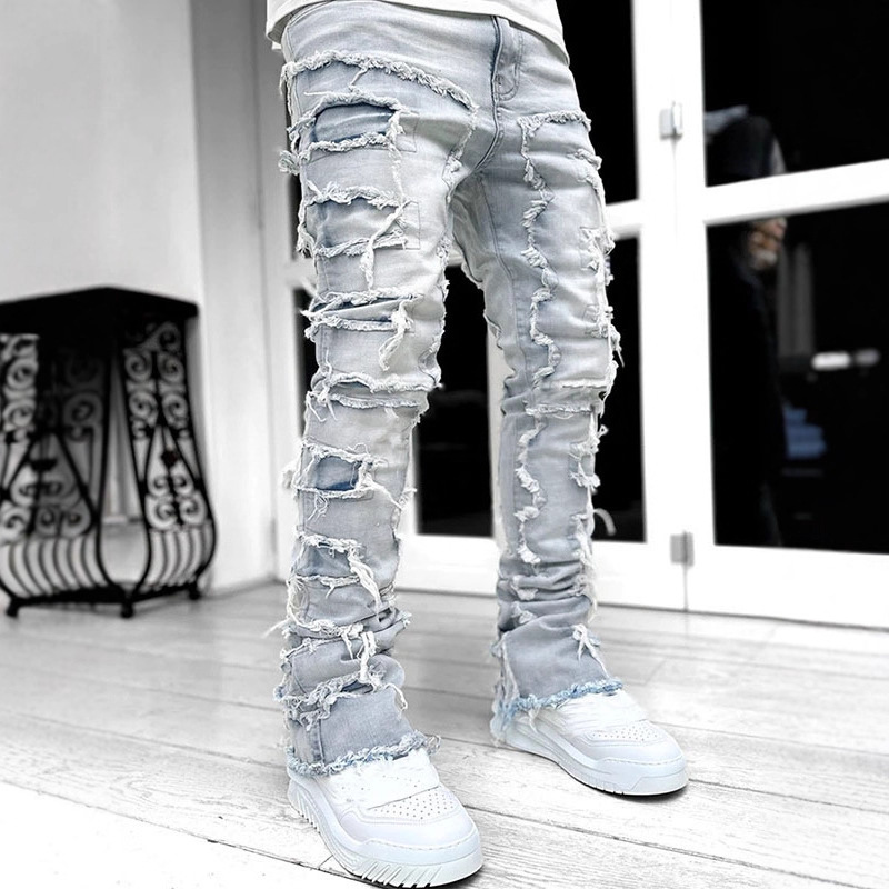 Men's Stretch Straight Leg Jeans, Cotton Denim Long Pants with Patchwork Print, Casual Summer Trousers