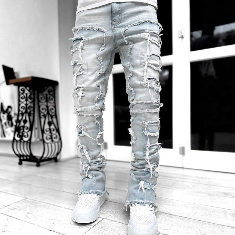 Men's Stretch Straight Leg Jeans, Cotton Denim Long Pants with Patchwork Print, Casual Summer Trousers