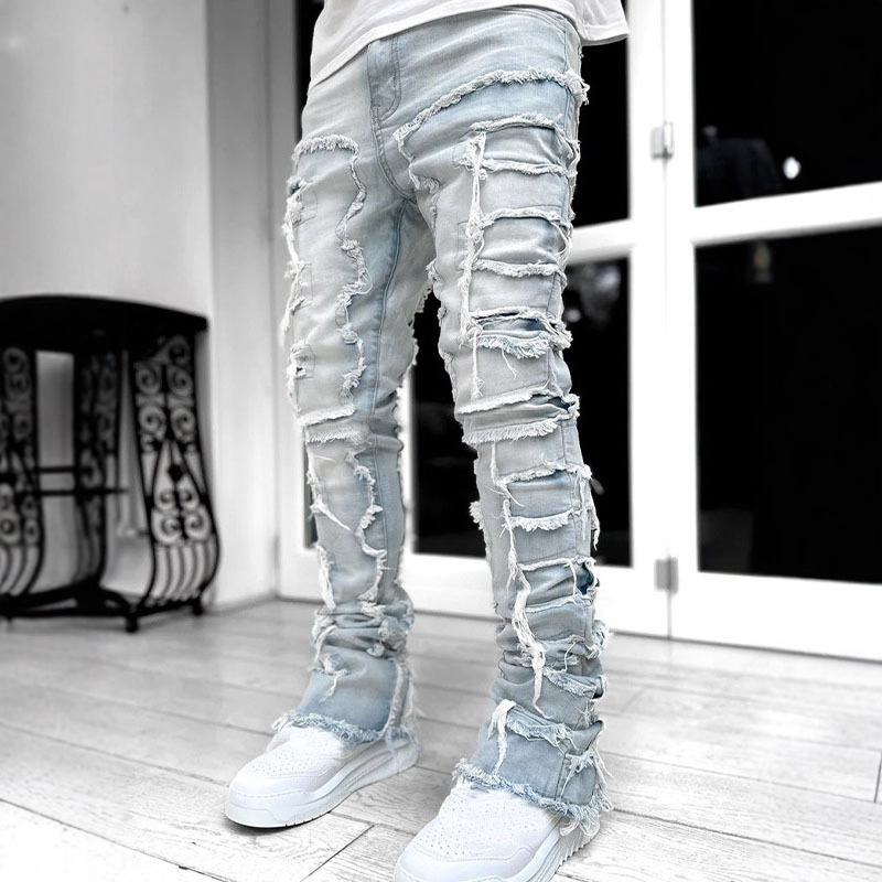 Men's Stretch Straight Leg Jeans, Cotton Denim Long Pants with Patchwork Print, Casual Summer Trousers