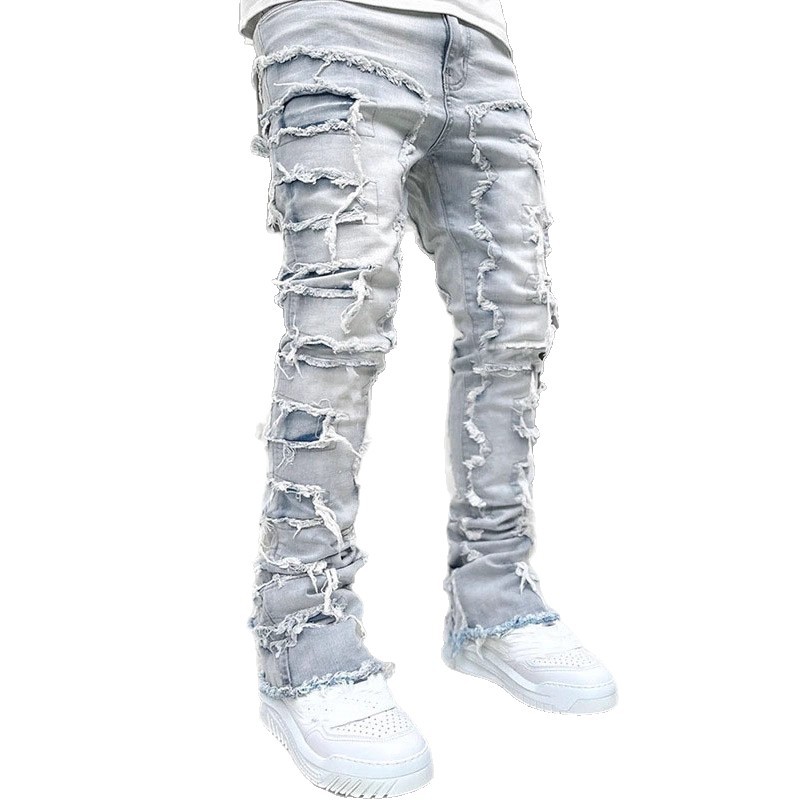 Men's Stretch Straight Leg Jeans, Cotton Denim Long Pants with Patchwork Print, Casual Summer Trousers