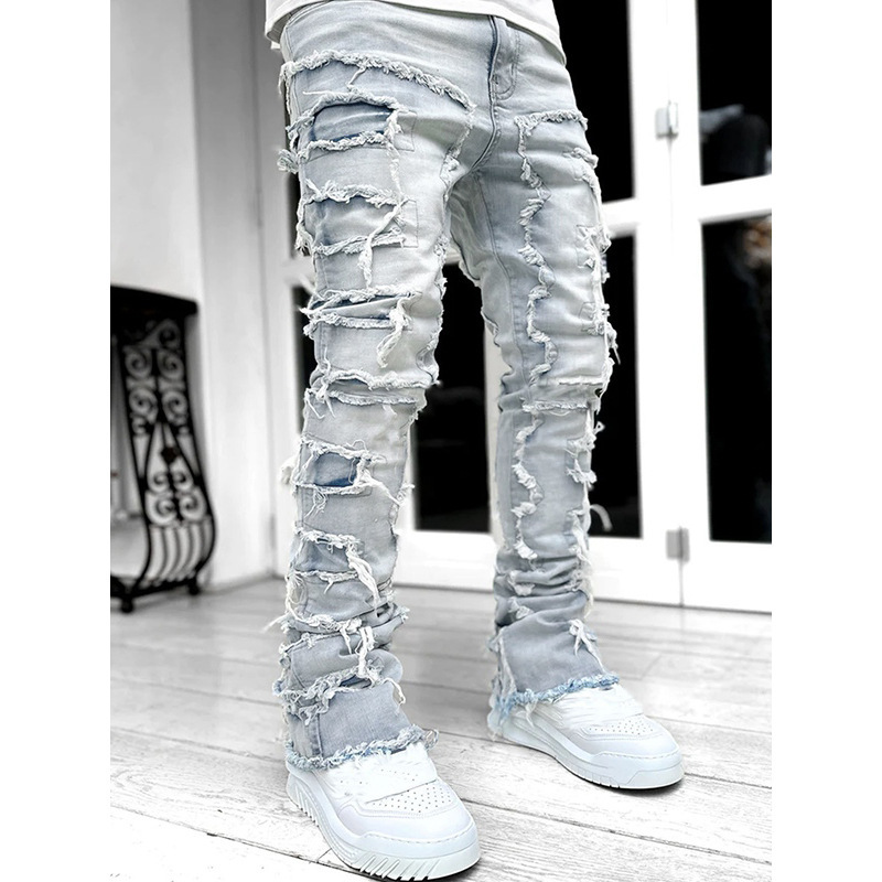 Men's Stretch Straight Leg Jeans, Cotton Denim Long Pants with Patchwork Print, Casual Summer Trousers