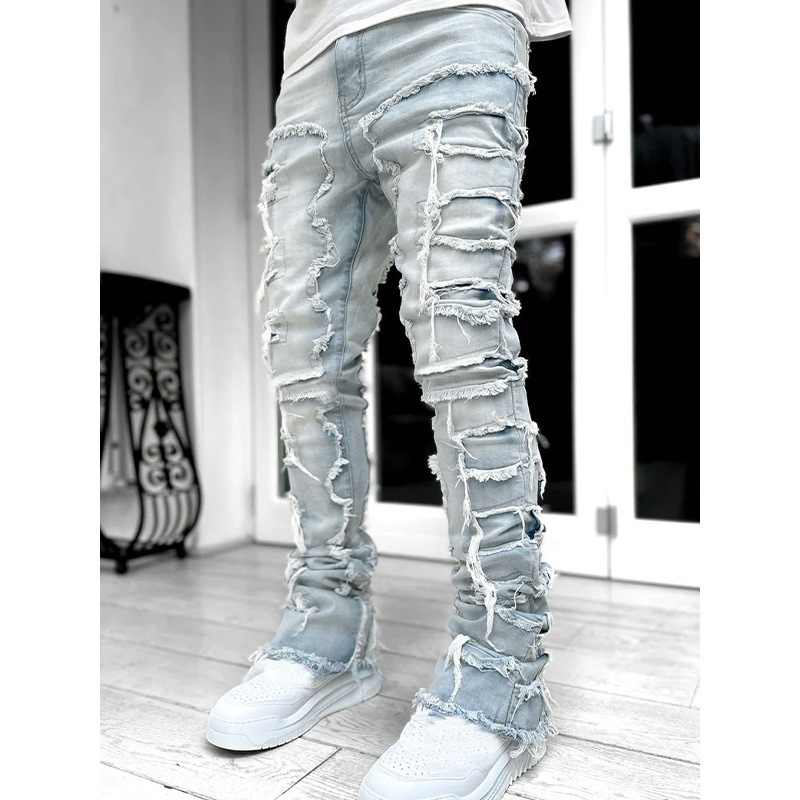 Men's Stretch Straight Leg Jeans, Cotton Denim Long Pants with Patchwork Print, Casual Summer Trousers