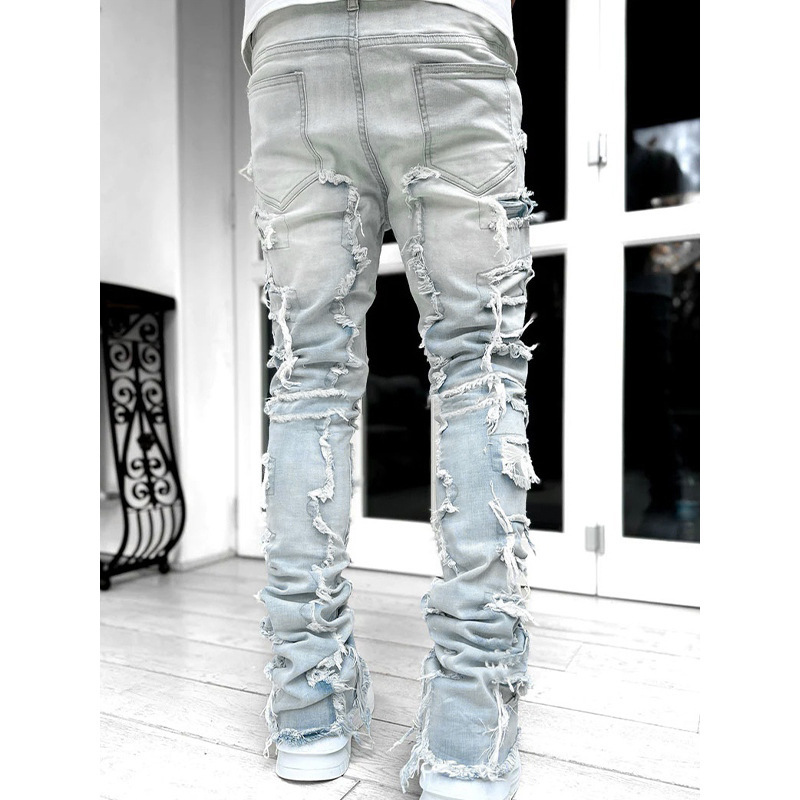 Men's Stretch Straight Leg Jeans, Cotton Denim Long Pants with Patchwork Print, Casual Summer Trousers