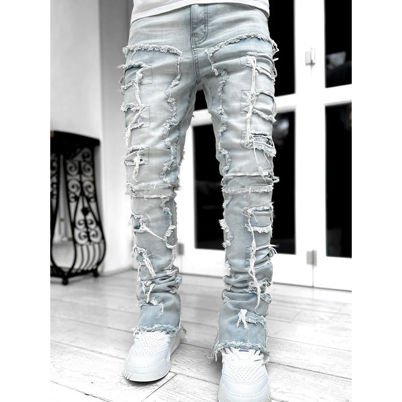 Men's Stretch Straight Leg Jeans, Cotton Denim Long Pants with Patchwork Print, Casual Summer Trousers