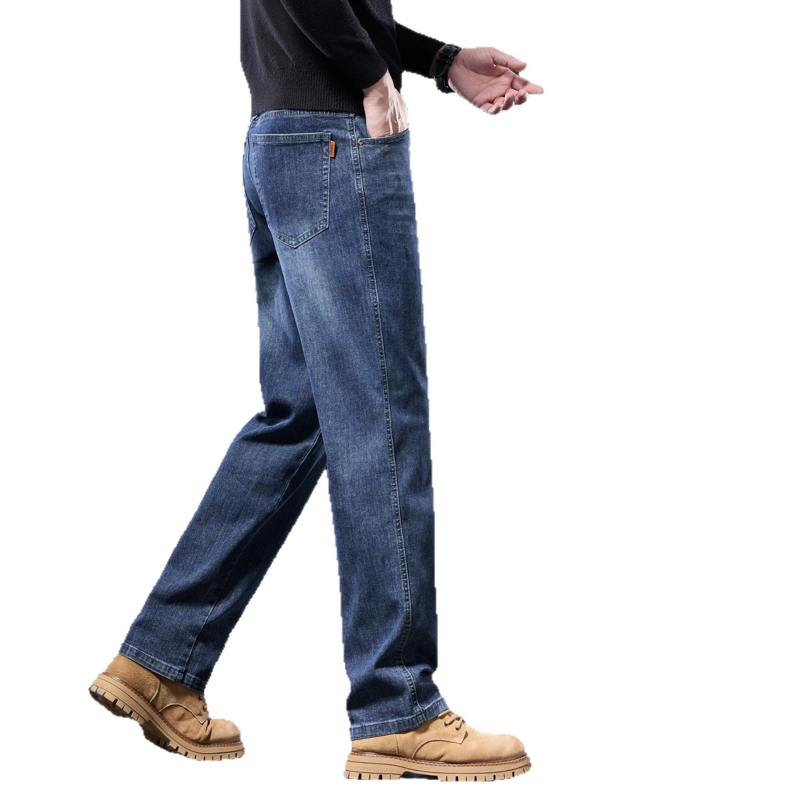 Men's High Waist Straight Leg Stretch Jeans, Loose Fit Blue Denim Pants for Spring and Autumn