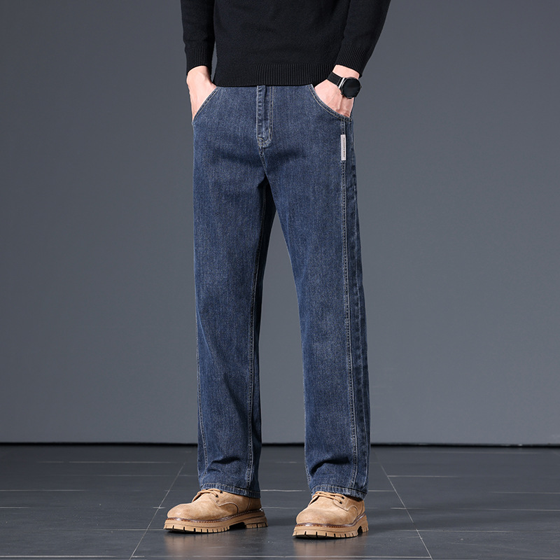 Men's Blue Gray Loose Straight Leg Cotton Stretch Jeans, Spring Autumn Casual Long Pants