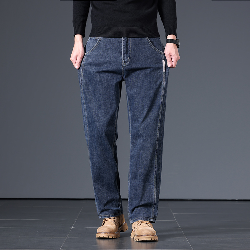 Men's Blue Gray Loose Straight Leg Cotton Stretch Jeans, Spring Autumn Casual Long Pants