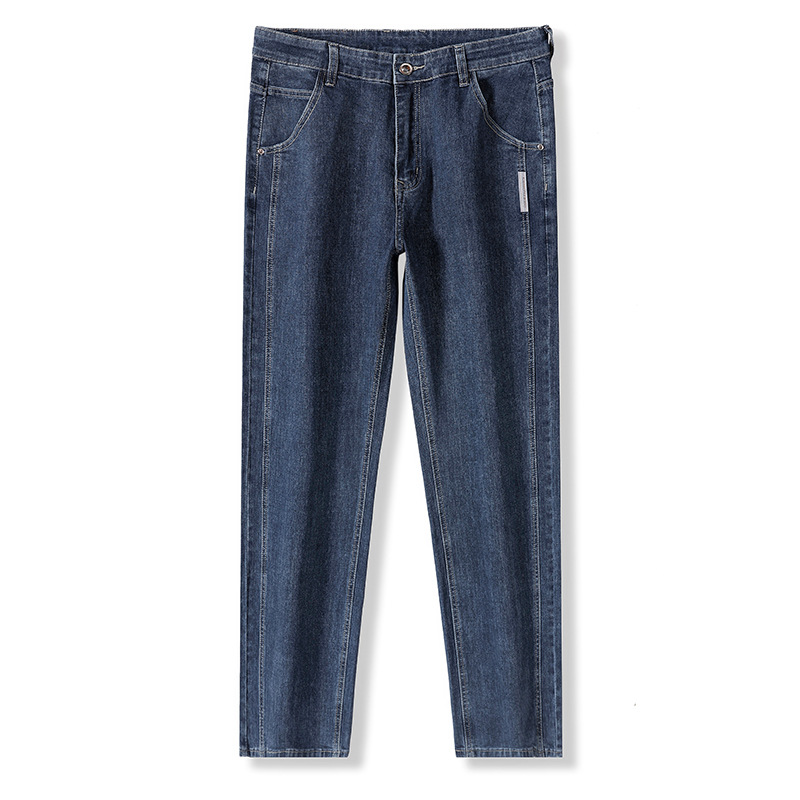 Men's Blue Gray Loose Straight Leg Cotton Stretch Jeans, Spring Autumn Casual Long Pants