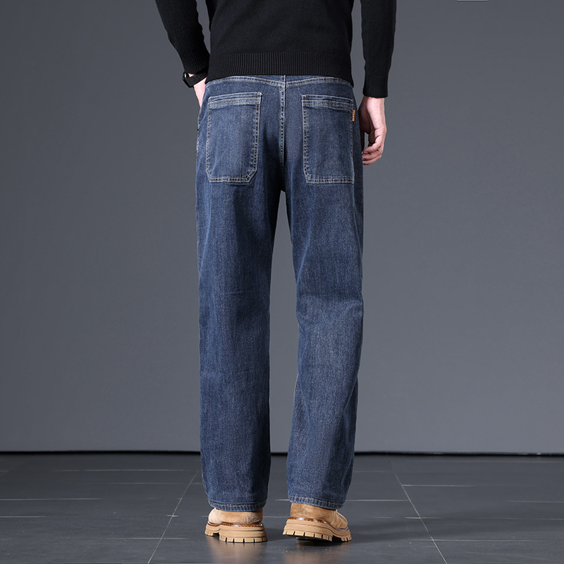 Men's Blue Gray Loose Straight Leg Cotton Stretch Jeans, Spring Autumn Casual Long Pants