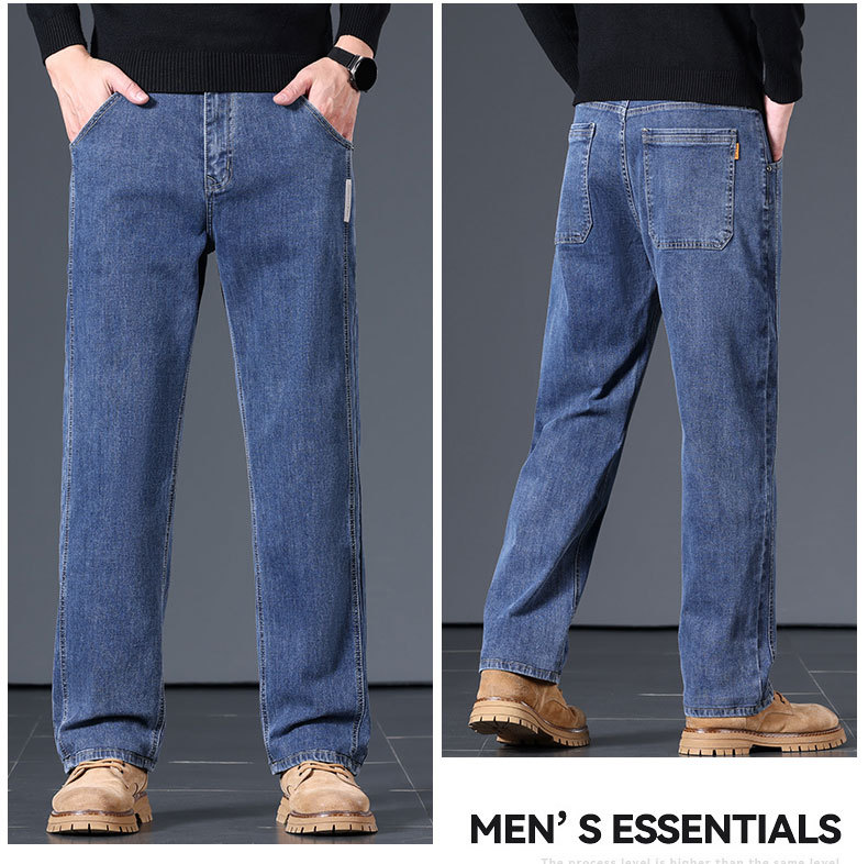 Men's Blue Gray Loose Straight Leg Cotton Stretch Jeans, Spring Autumn Casual Long Pants