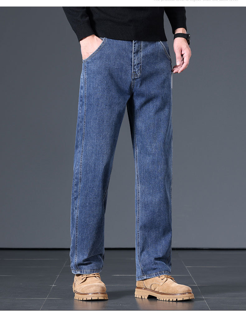 Men's Blue Gray Loose Straight Leg Cotton Stretch Jeans, Spring Autumn Casual Long Pants
