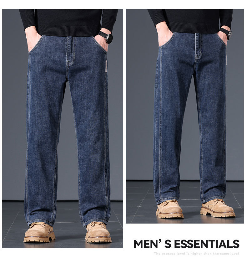 Men's Blue Gray Loose Straight Leg Cotton Stretch Jeans, Spring Autumn Casual Long Pants