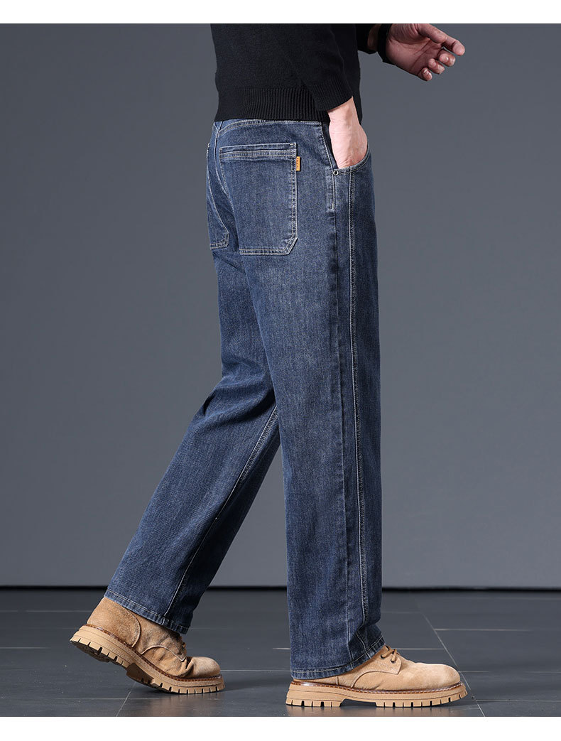Men's Blue Gray Loose Straight Leg Cotton Stretch Jeans, Spring Autumn Casual Long Pants