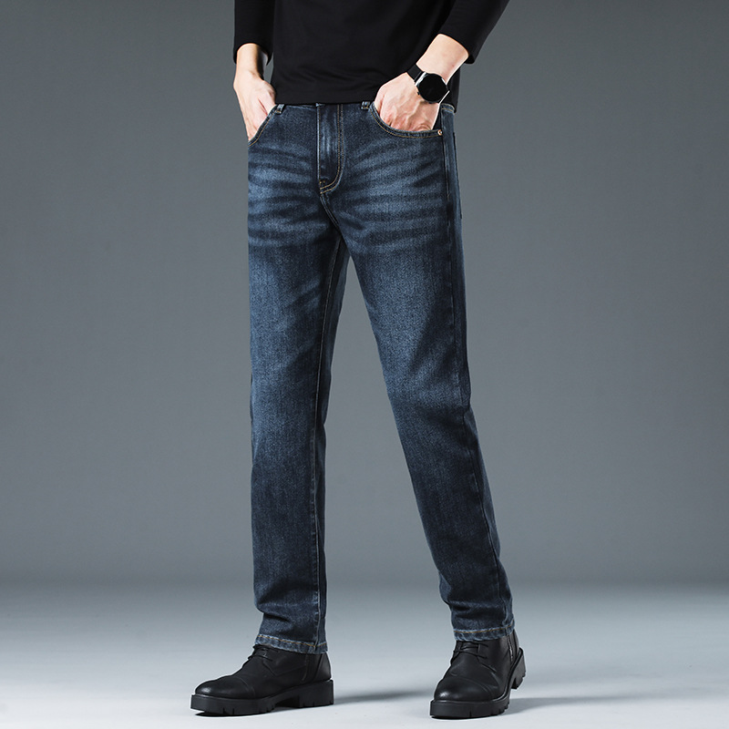 Men's Blue Gray Slim Fit Straight Leg Stretch Jeans, Spring Autumn Casual Business Denim Pants