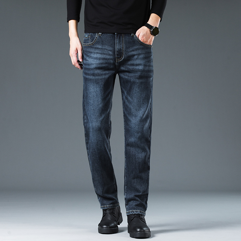 Men's Blue Gray Slim Fit Straight Leg Stretch Jeans, Spring Autumn Casual Business Denim Pants