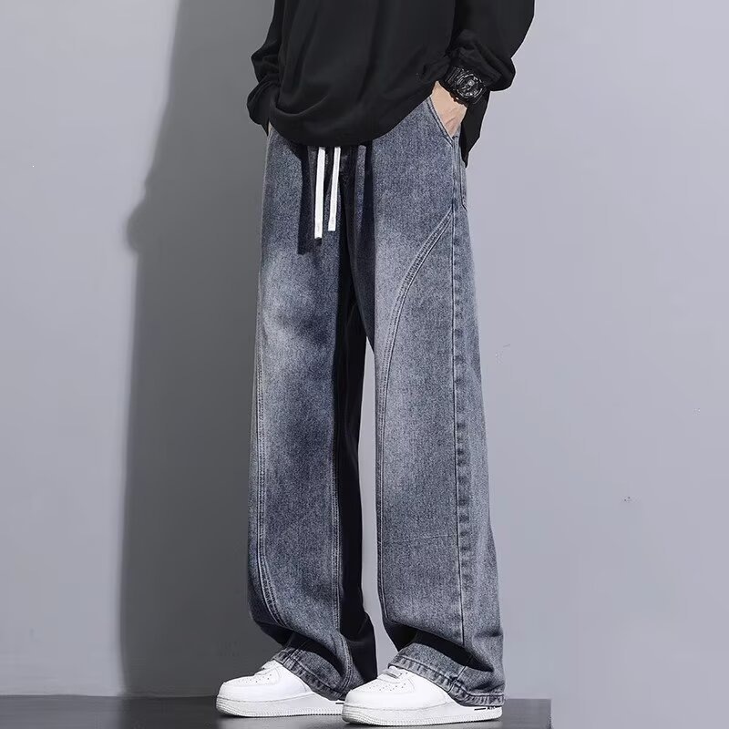 Seluar Jeans Kaki Lurus Lelaki, Seluar Denim Kasual Longgar Tebal untuk Musim Gugur Musim Sejuk