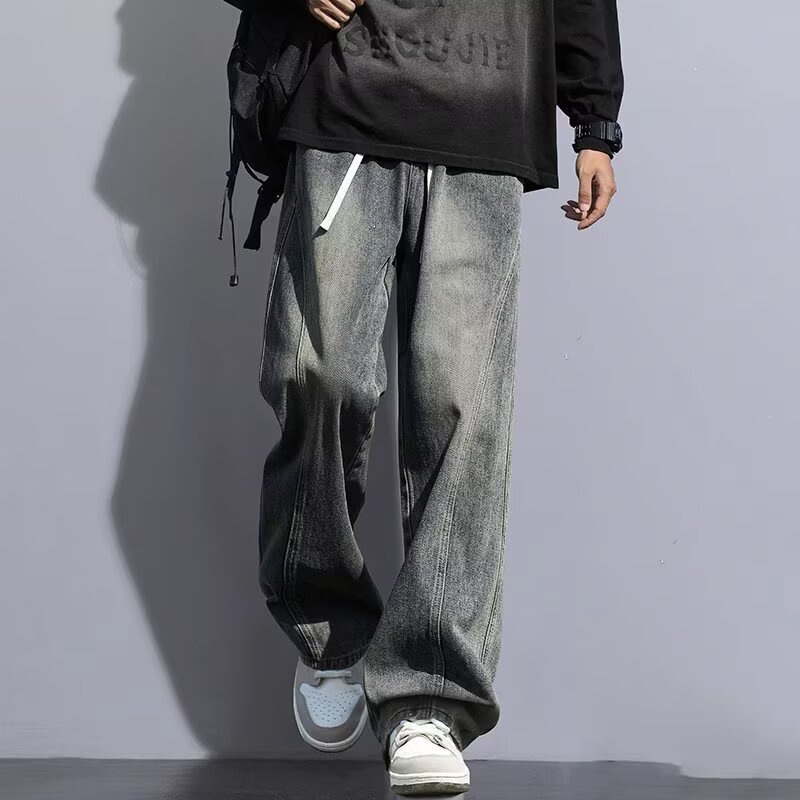 Seluar Jeans Kaki Lurus Lelaki, Seluar Denim Kasual Longgar Tebal untuk Musim Gugur Musim Sejuk