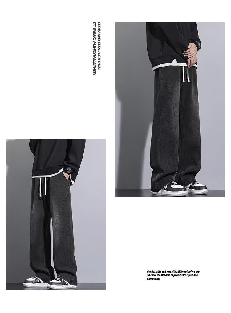 Seluar Jeans Kaki Lurus Lelaki, Seluar Denim Kasual Longgar Tebal untuk Musim Gugur Musim Sejuk