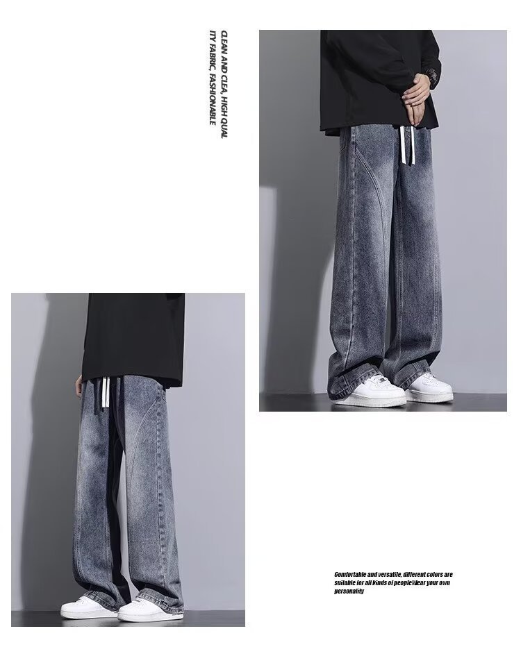 Seluar Jeans Kaki Lurus Lelaki, Seluar Denim Kasual Longgar Tebal untuk Musim Gugur Musim Sejuk