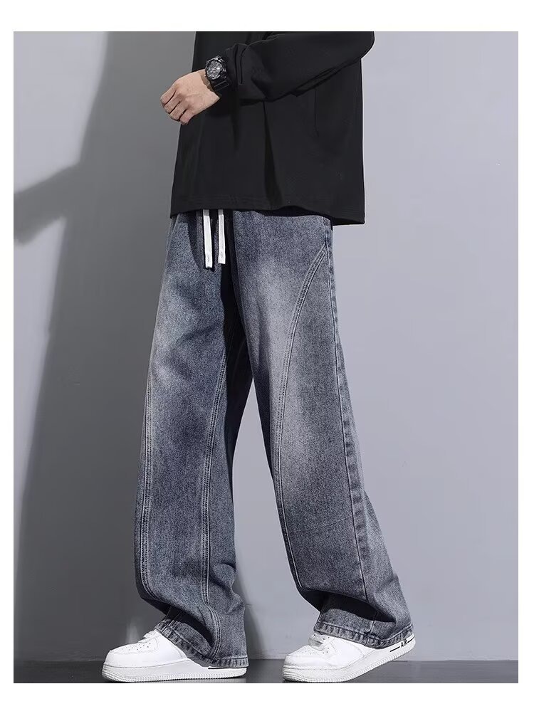 Seluar Jeans Kaki Lurus Lelaki, Seluar Denim Kasual Longgar Tebal untuk Musim Gugur Musim Sejuk